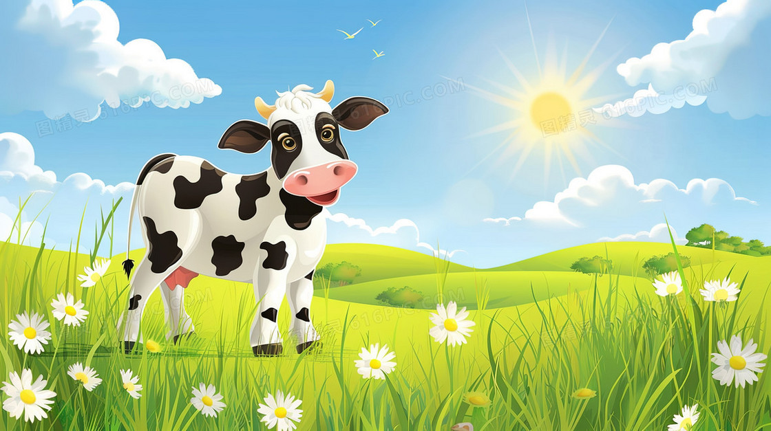 蓝天草地可爱奶牛插画