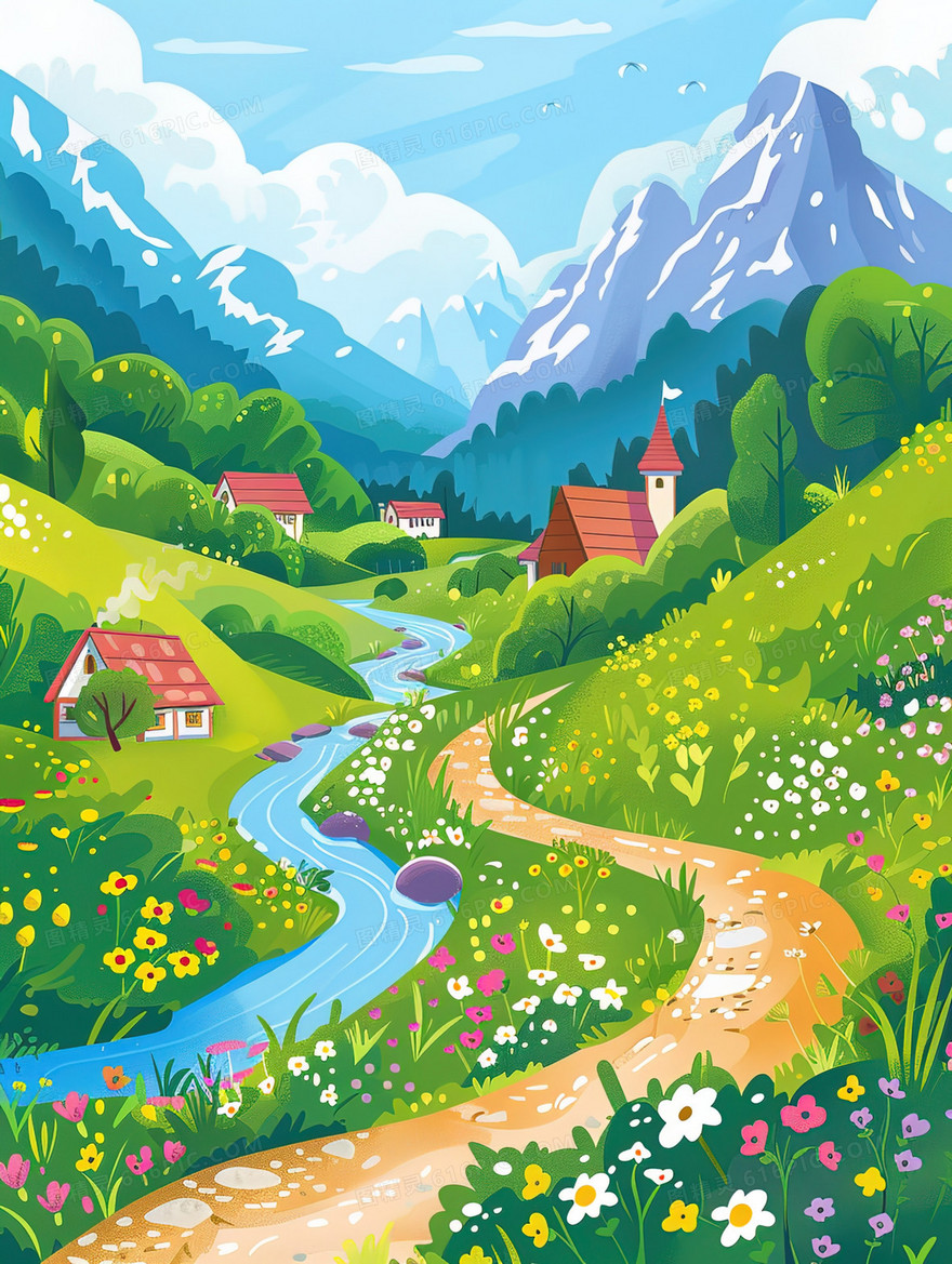 开满鲜花的农村小路风景插画