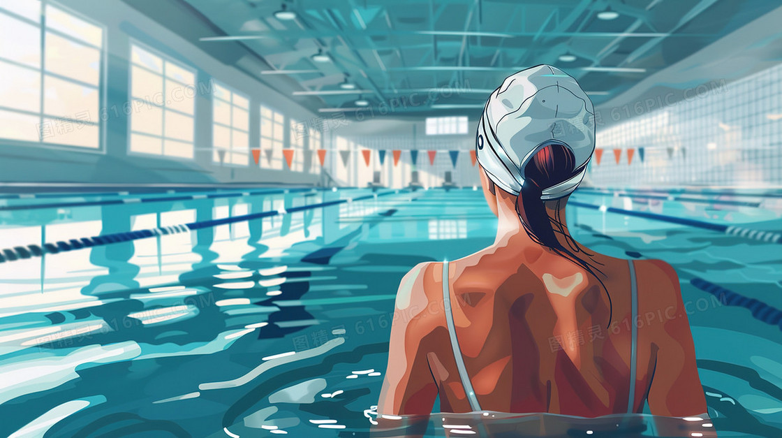 卡通手绘体育游泳女健将插画