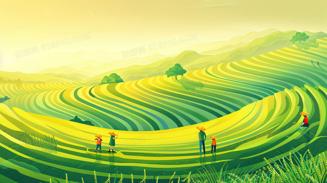 田野乡村田园茶山插画