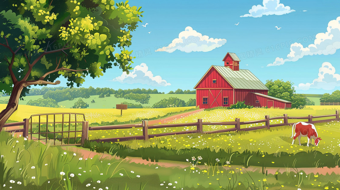 蓝天农场田野风景插画