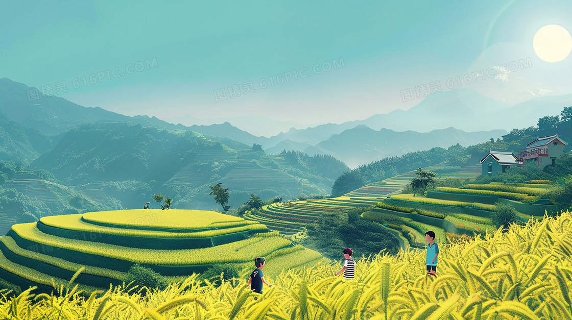 乡村田园梯田茶山插画