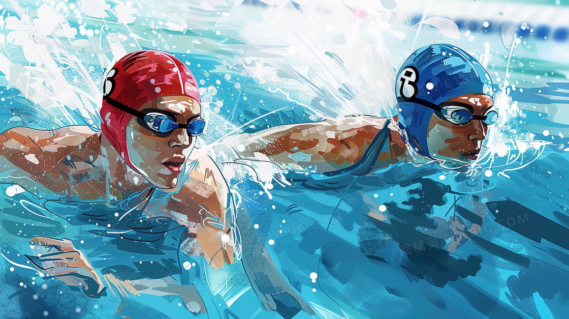 卡通手绘游泳比赛男健将插画