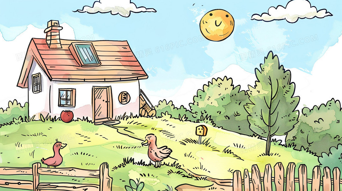 唯美卡通手绘农村田野房屋插画