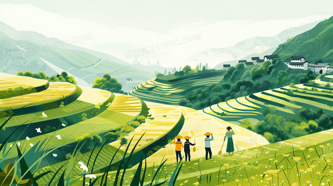 乡村田园梯田茶山插画