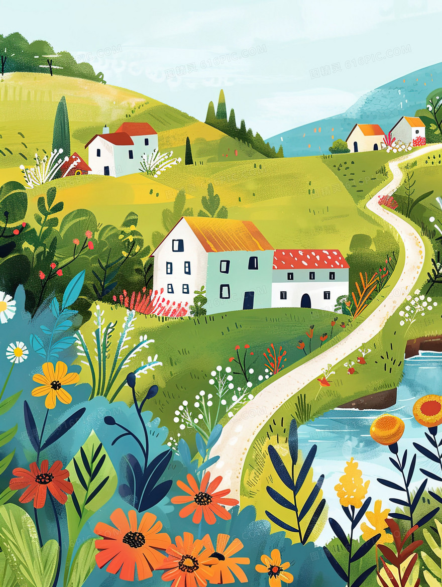 开满鲜花的农村小路风景插画