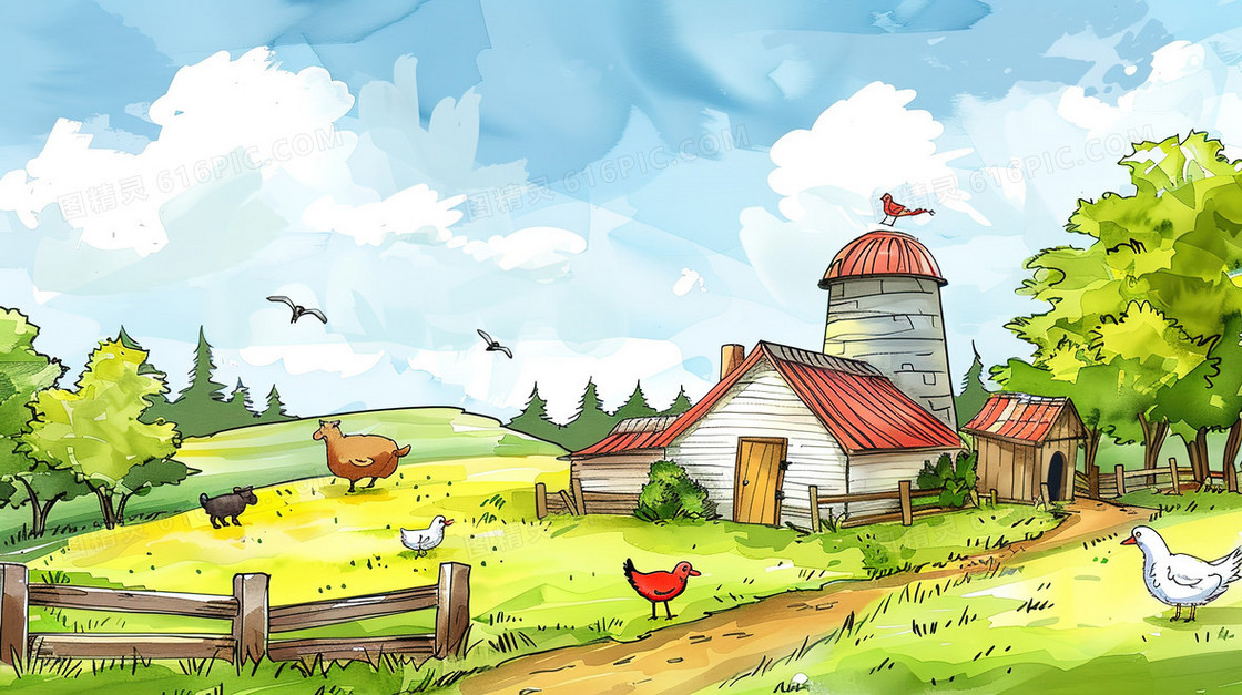 唯美卡通手绘农村田野房屋插画