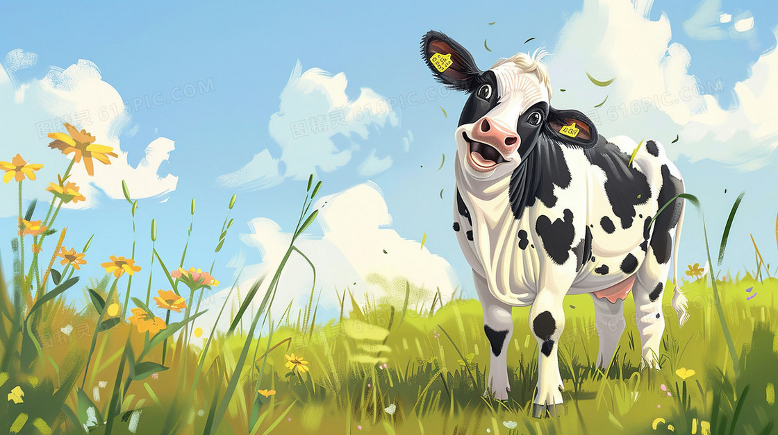 蓝天草地可爱奶牛插画