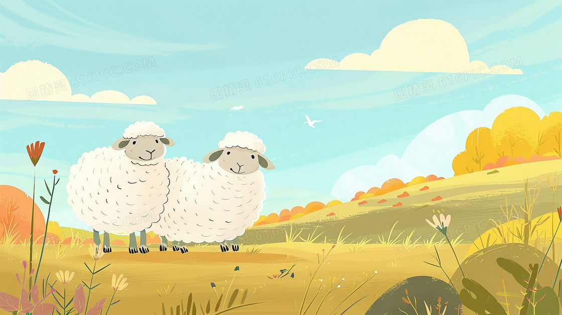 卡通手绘草地上的羊群插画
