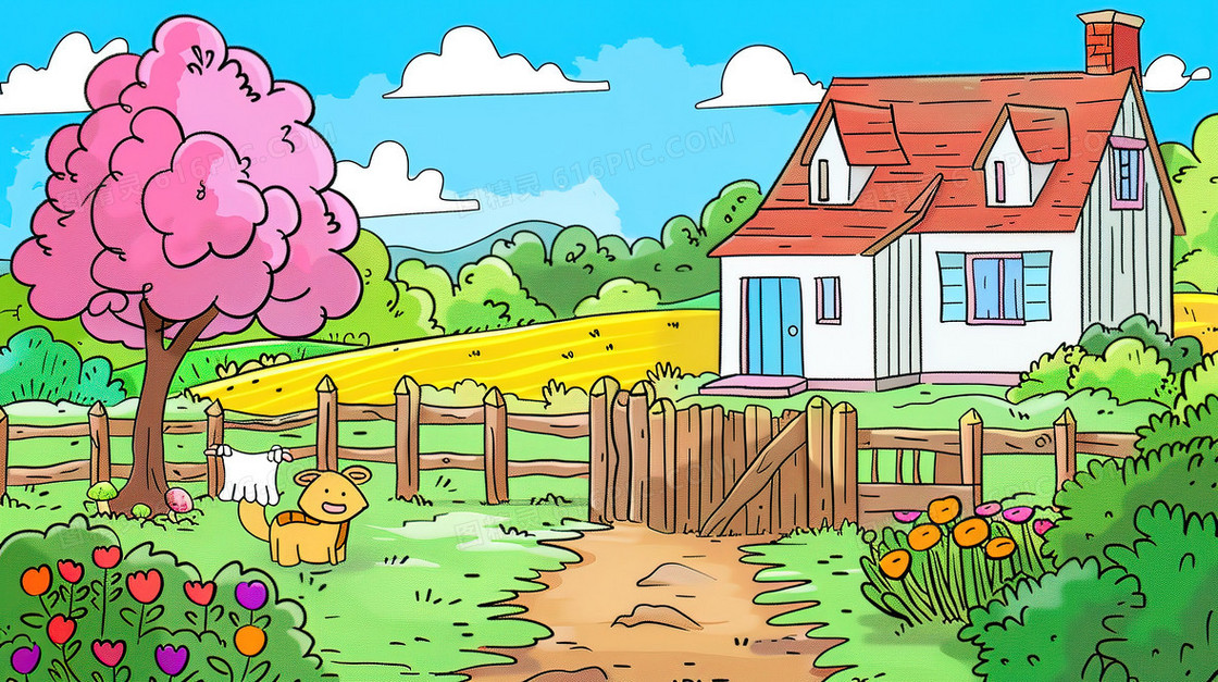 唯美卡通手绘农村田野房屋插画