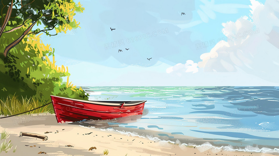 立夏海边停放的小船插画