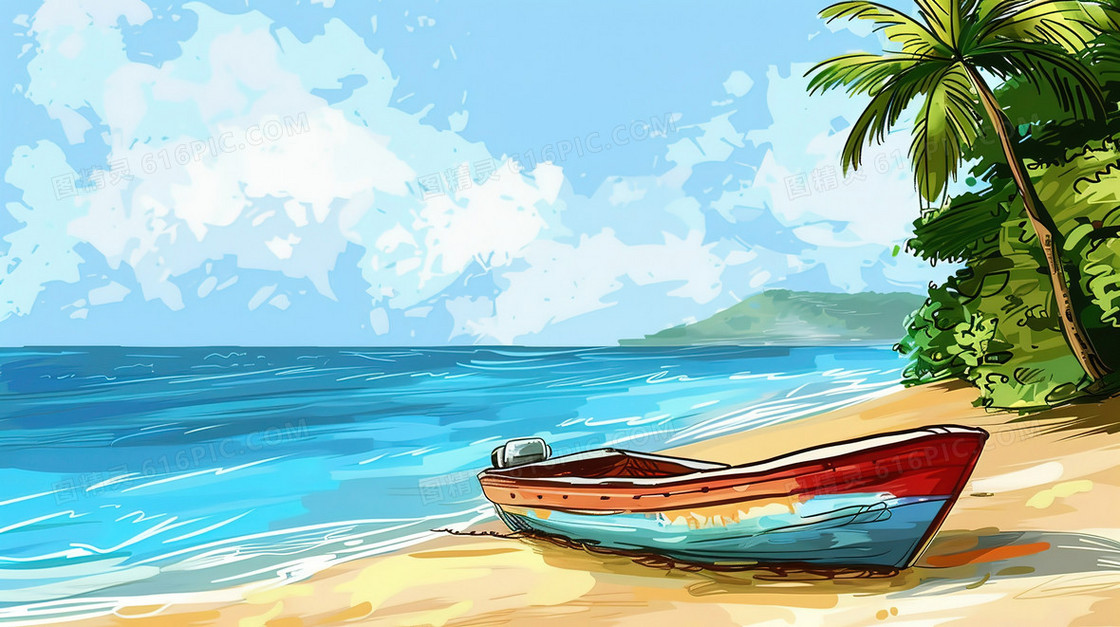 立夏海边停放的小船插画