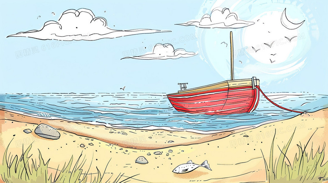 卡通手绘立夏海边小船插画