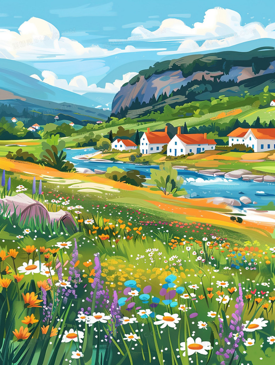 开满鲜花的农村小路风景插画