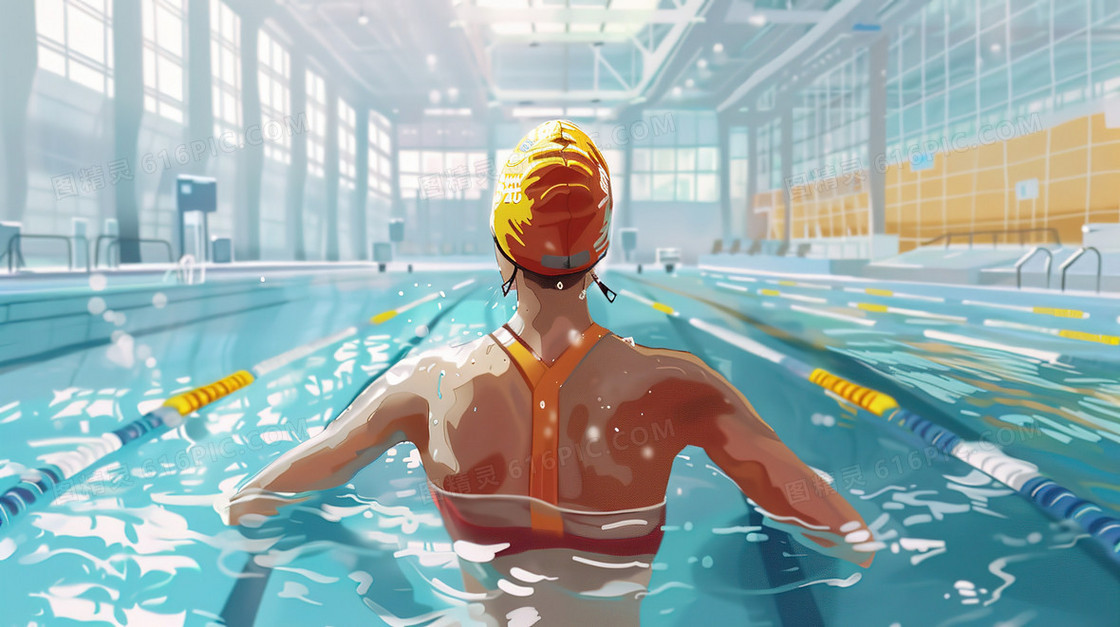 卡通手绘体育游泳女健将插画