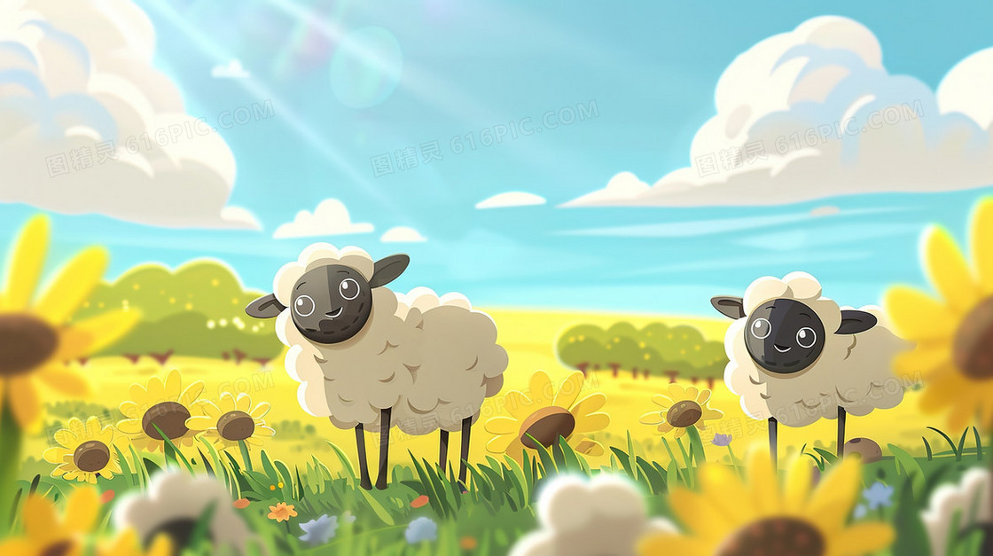 卡通手绘草地上的羊群插画