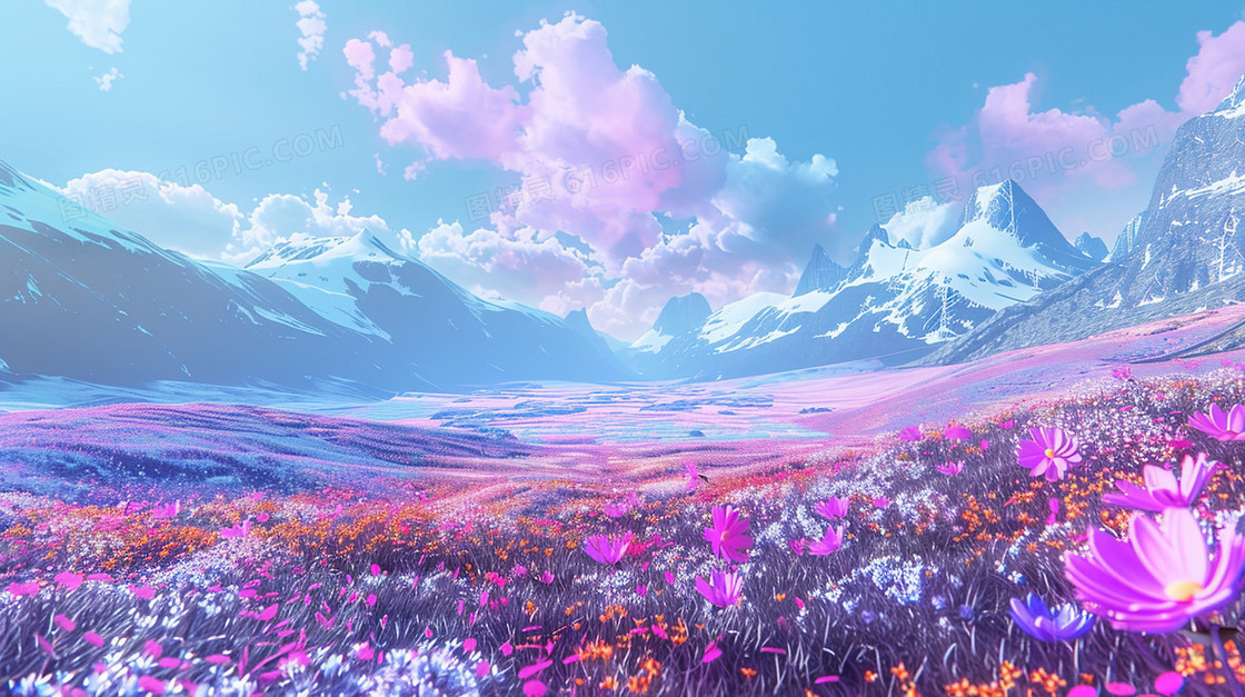 蓝天白云唯美田野花海风景插画