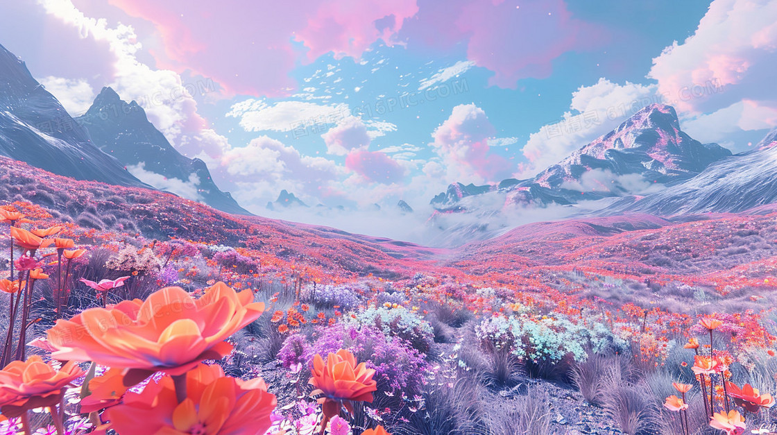 蓝天白云唯美田野花海风景插画