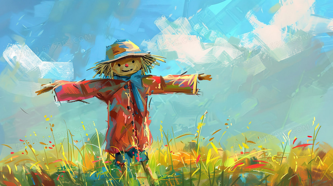 小满手绘水彩风稻草人插画