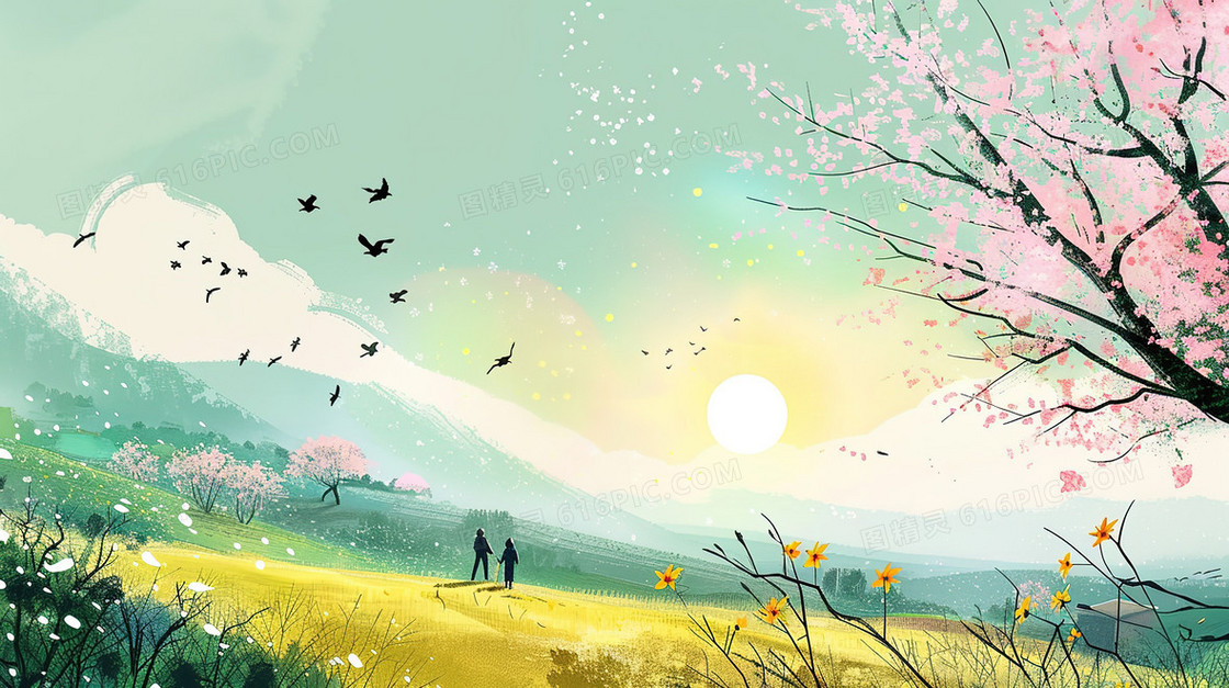 春天春暖花开风景插画
