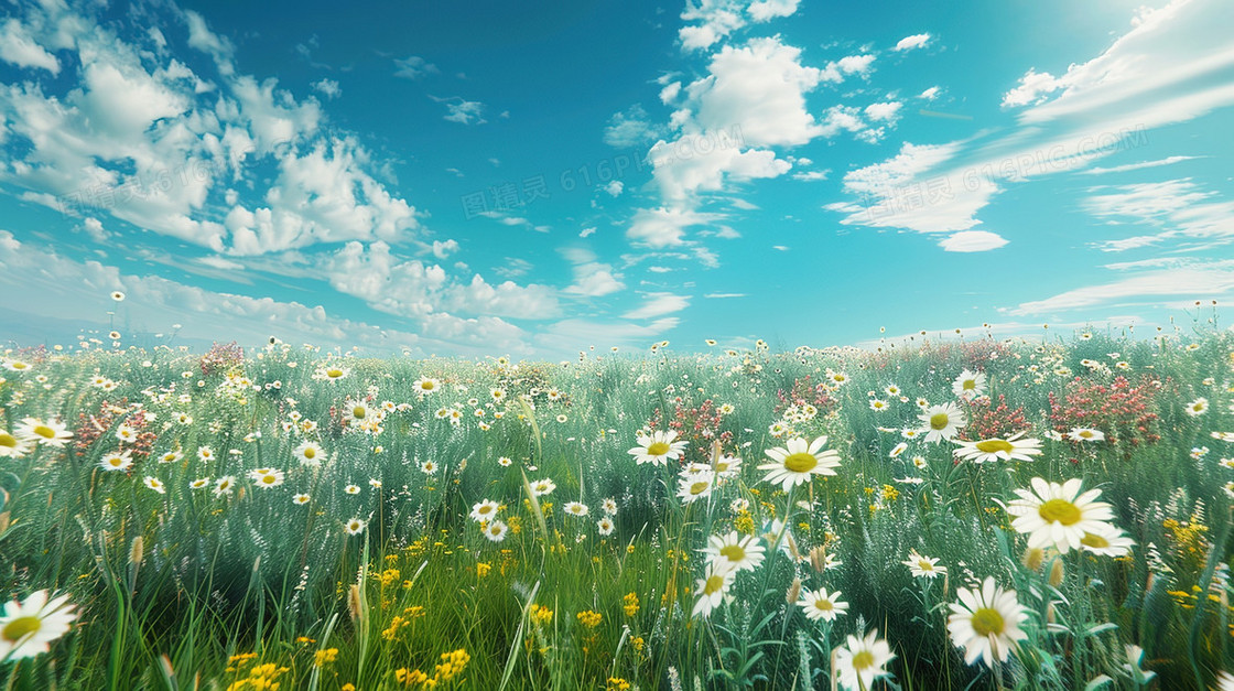 唯美蓝天田野花海风景插画