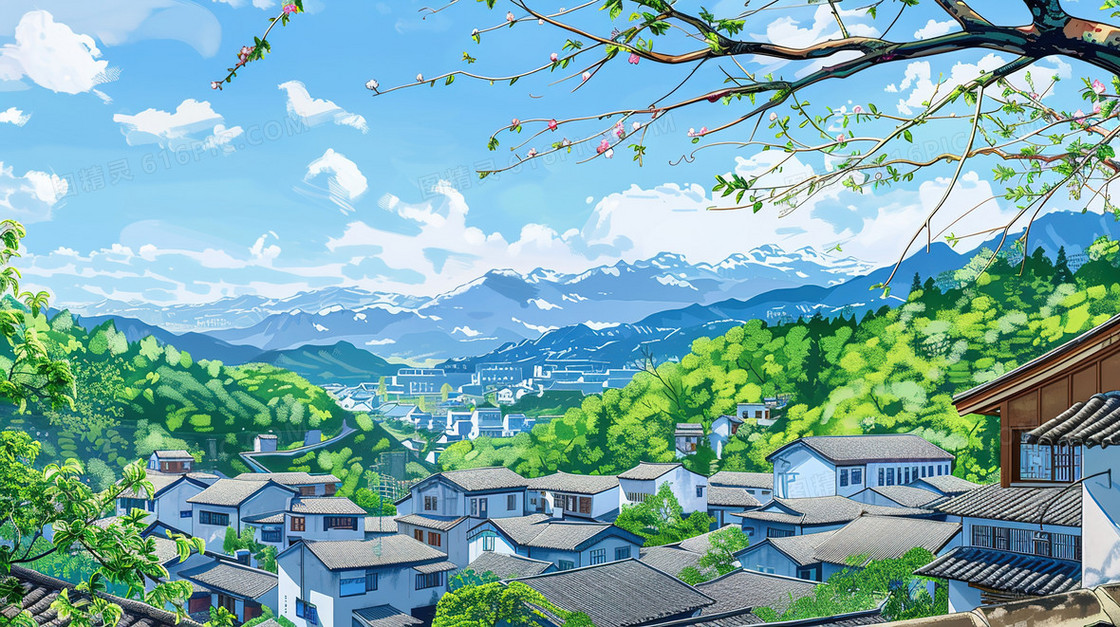 蓝天白云唯美的山村风景插画