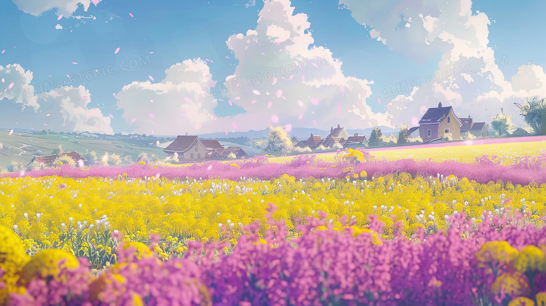 蓝天白云唯美田野花海风景插画