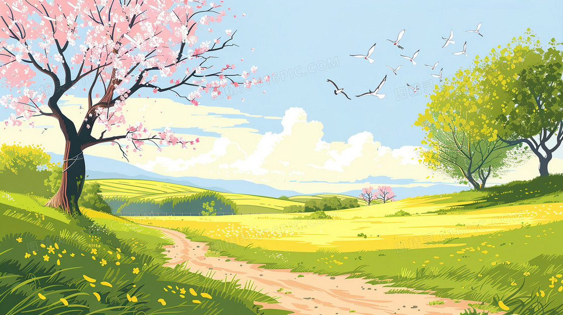 春天春暖花开风景插画