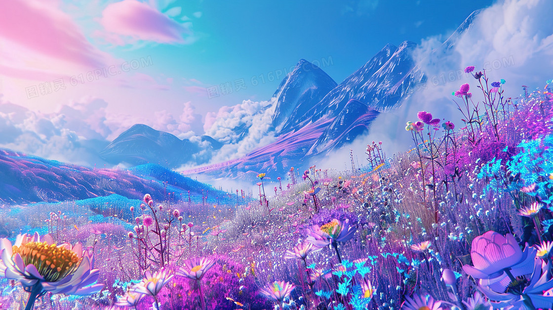 蓝天白云唯美田野花海风景插画