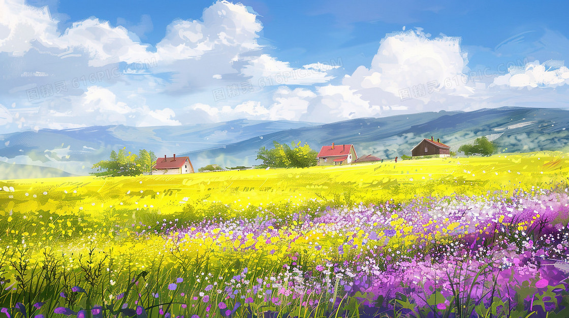 蓝天白云唯美田野花海风景插画