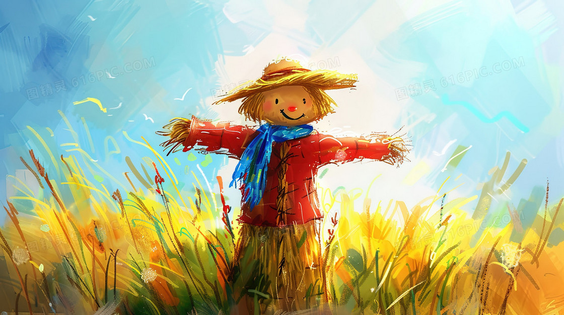 小满手绘水彩风稻草人插画