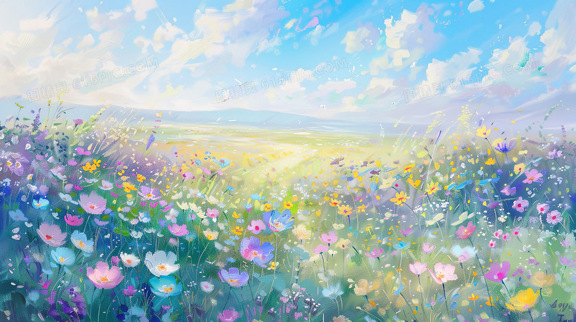 蓝天白云唯美田野花海风景插画