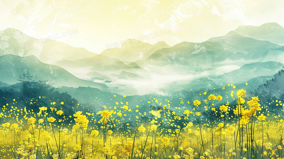 唯美蓝天田野花海风景插画