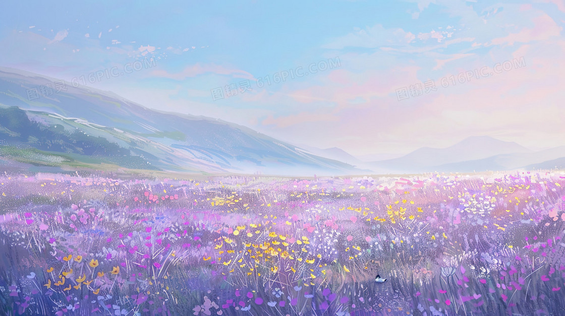 蓝天白云唯美田野花海风景插画