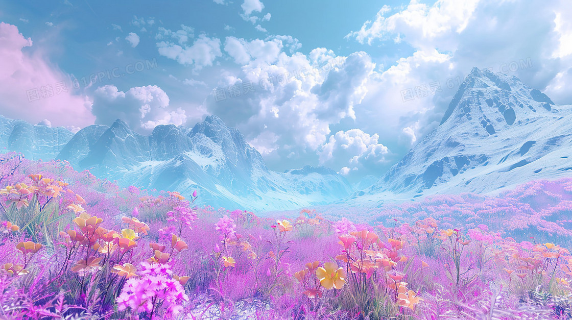 蓝天白云唯美田野花海风景插画