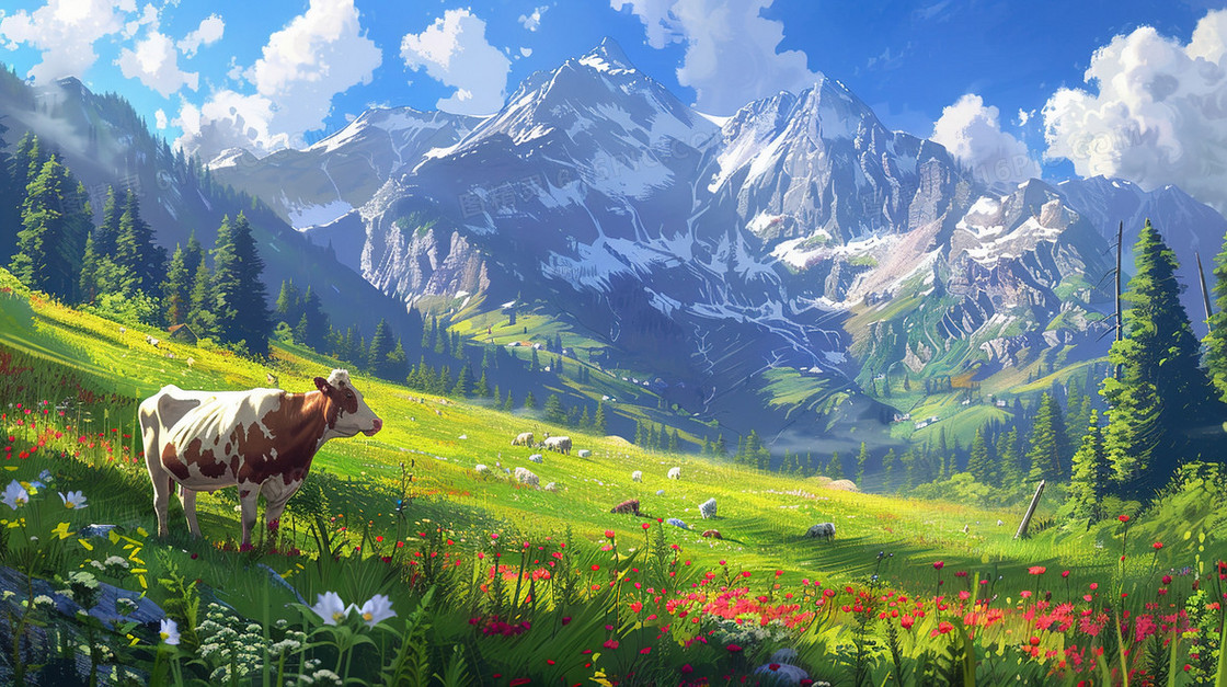 蓝天草地上奶牛插画