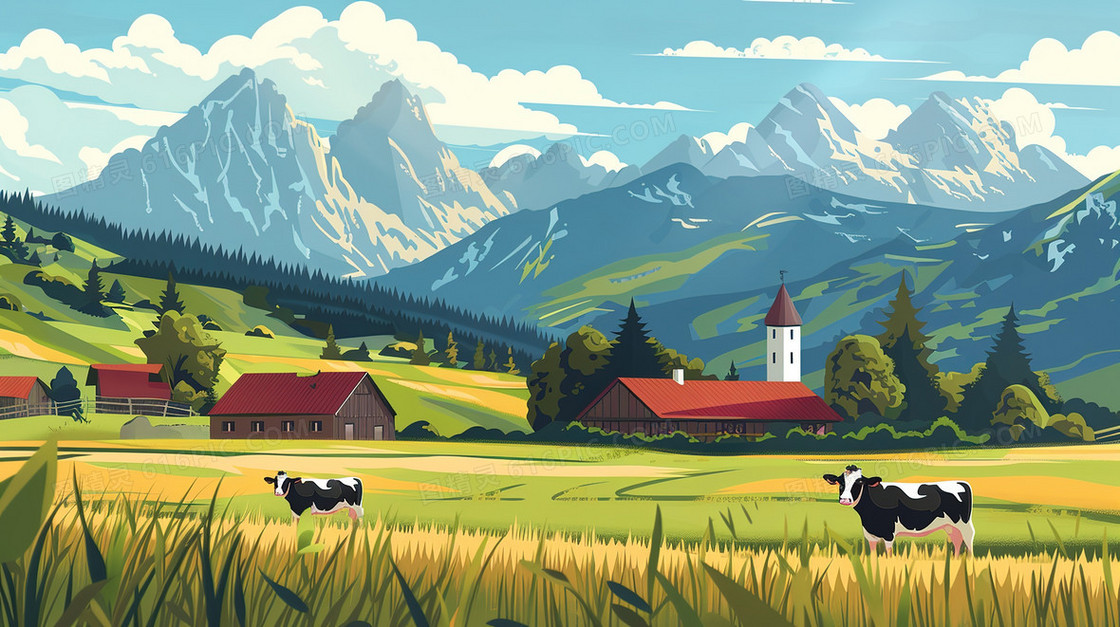 蓝天草地上奶牛插画