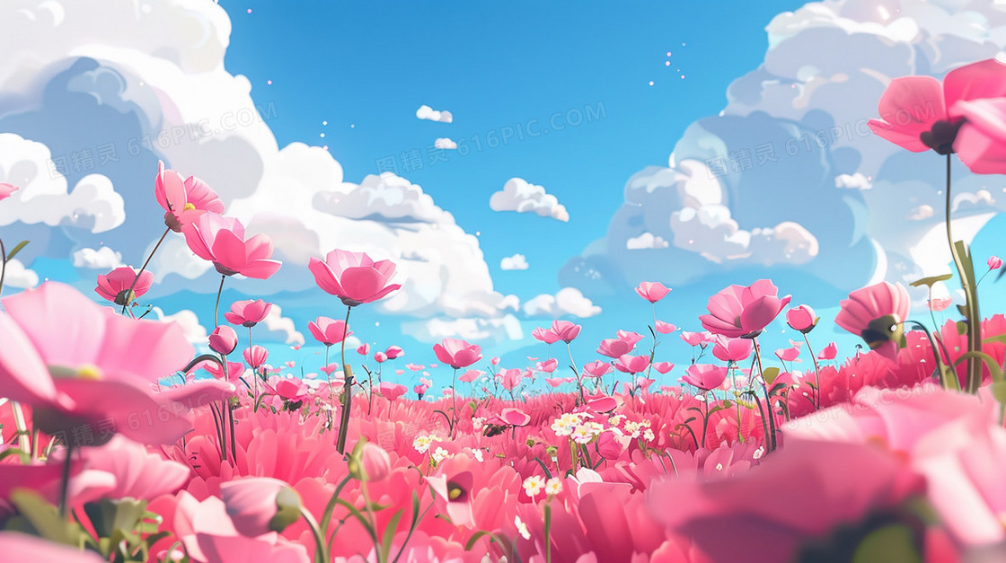 蓝天白云粉色田野花海风景插画