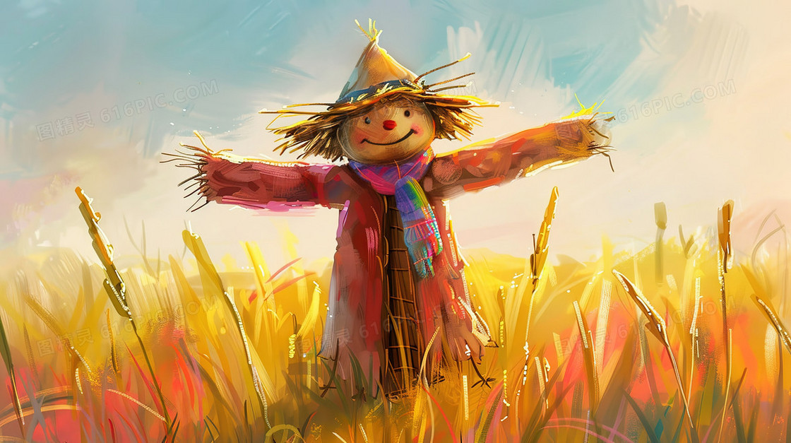 小满手绘水彩风稻草人插画