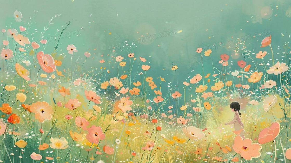唯美田野花海风景插画