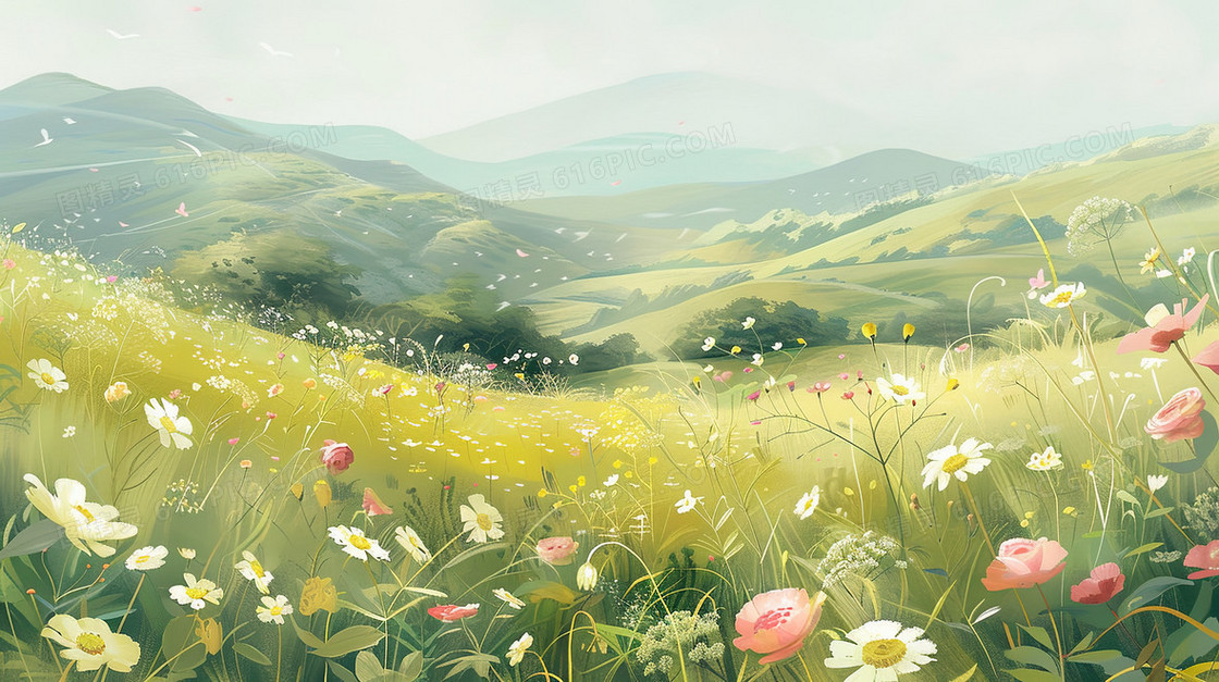 唯美田野花海风景插画