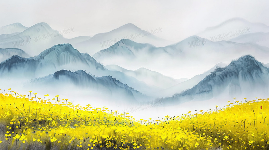 唯美蓝天田野花海风景插画