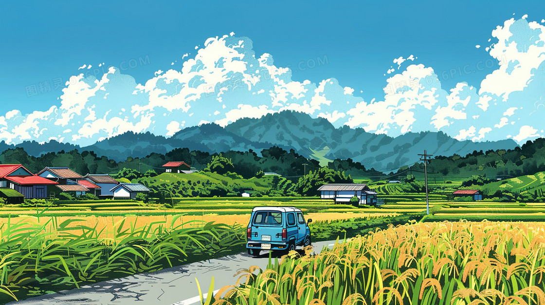 乡村田野中的小车插画