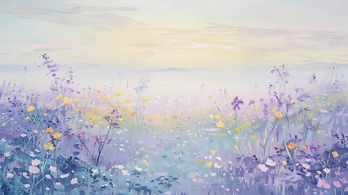 蓝天白云唯美田野花海风景插画