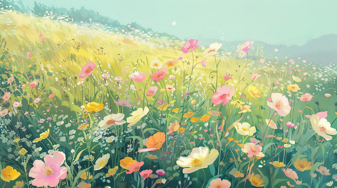 唯美田野花海风景插画