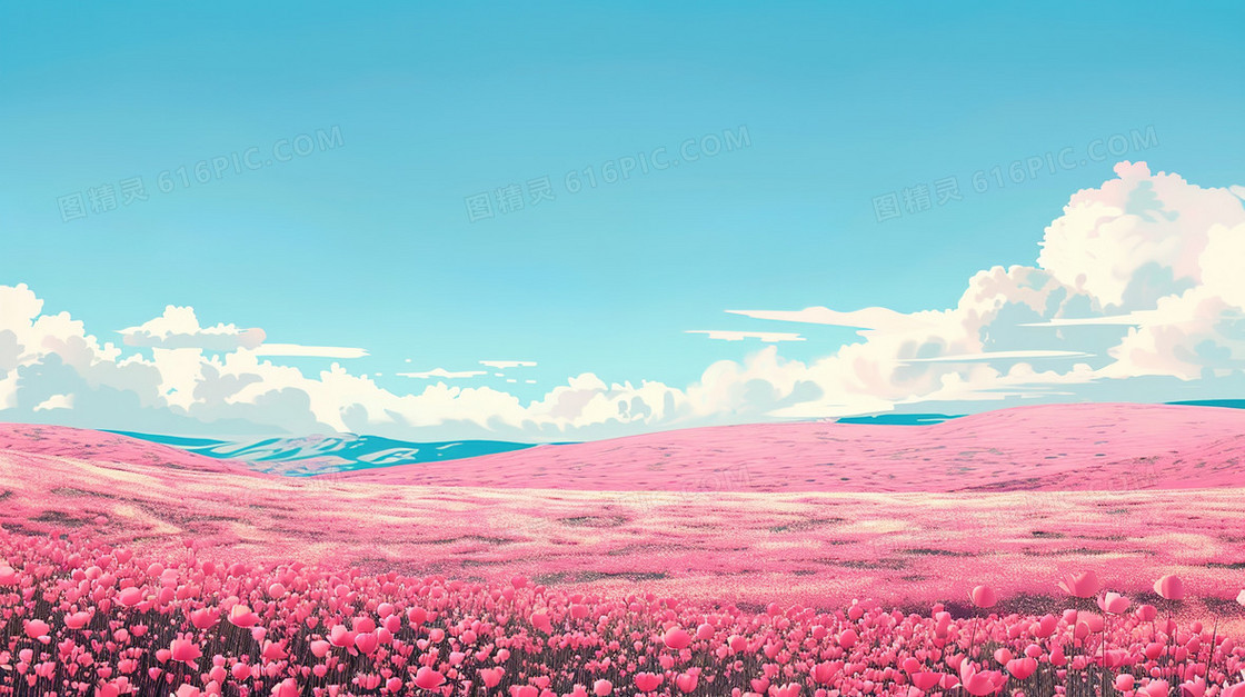 蓝天白云粉色田野花海风景插画