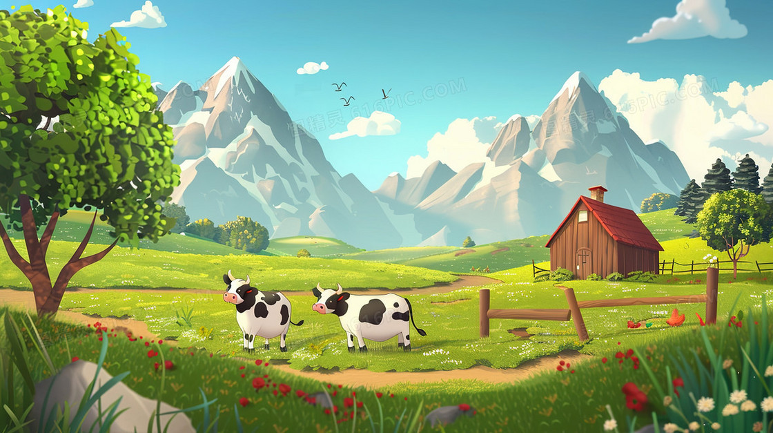 蓝天草地上奶牛插画