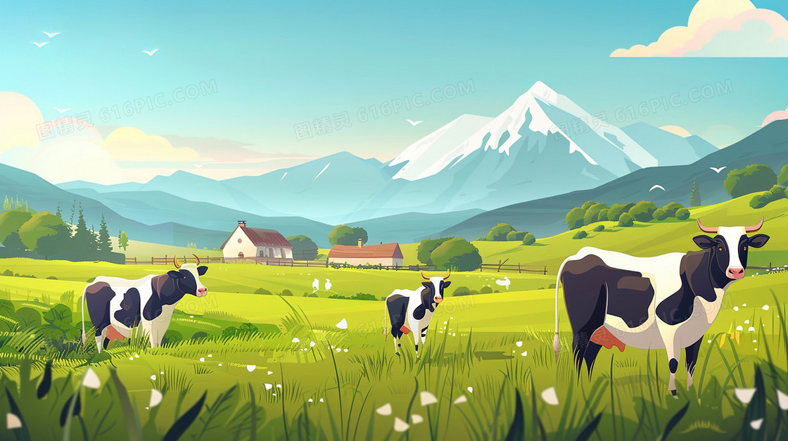 蓝天草地上奶牛插画
