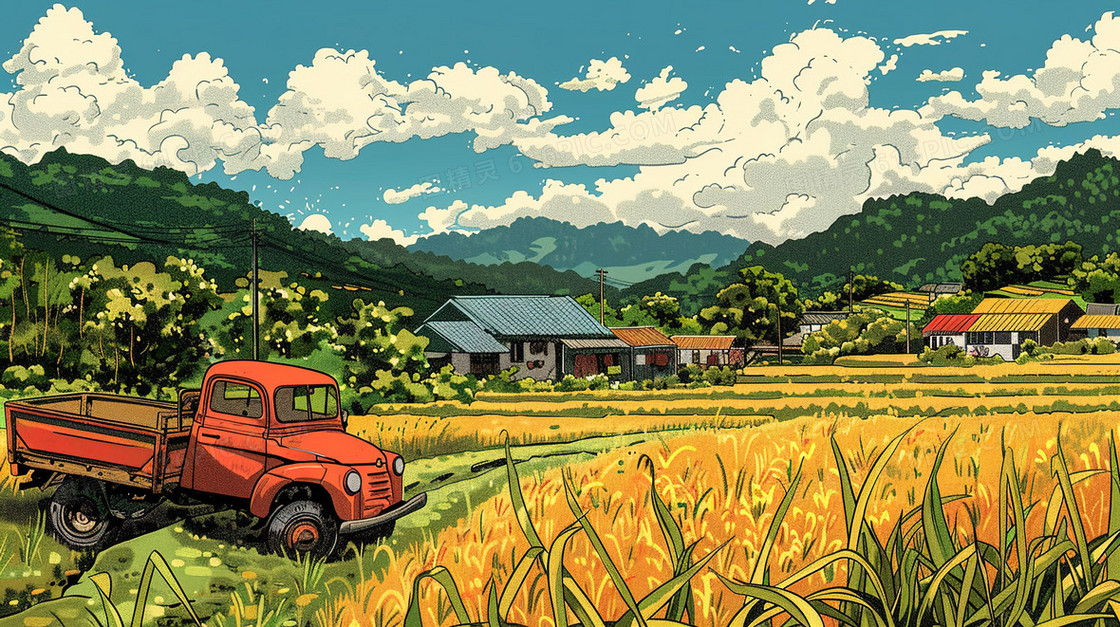 乡村田野中的小车插画
