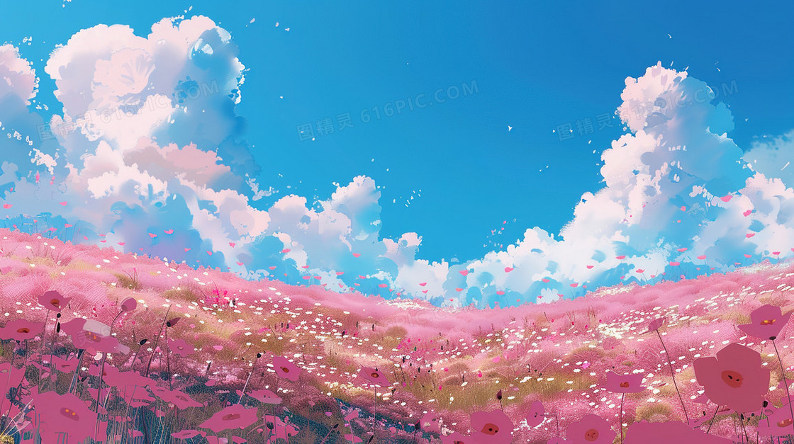 蓝天白云粉色田野花海风景插画